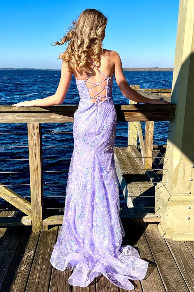 Sparkly Bateau Lace Up Appliques Mermaid Party Prom Dress