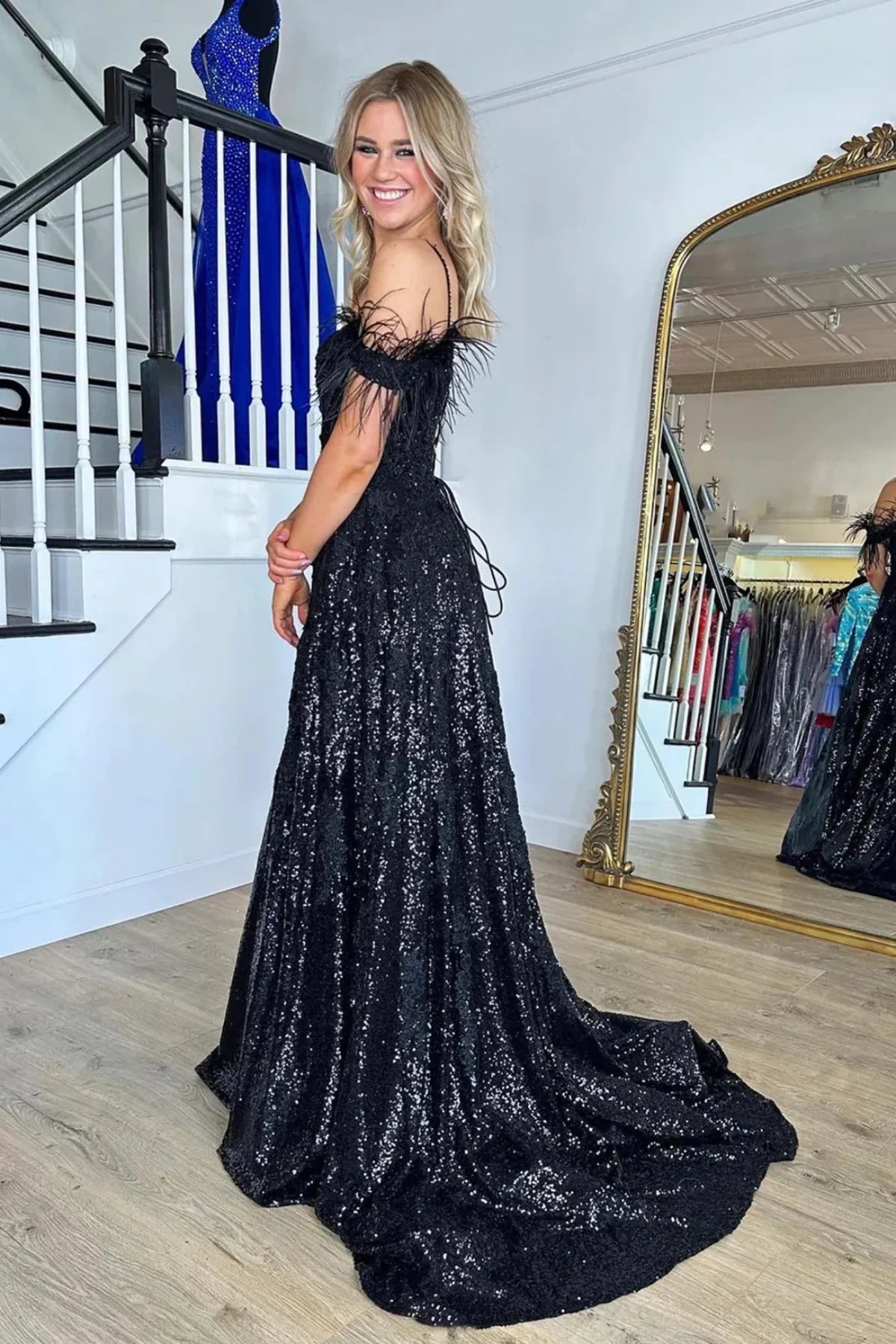 Sparkly Black Off-Shoulder Lace Up Sequins Party Prom Dress