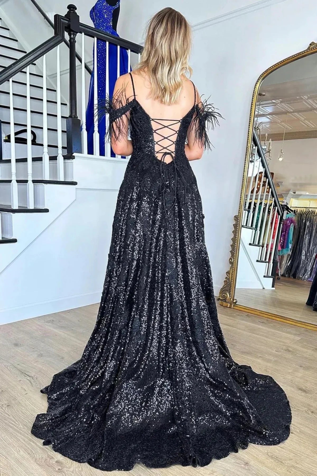 Sparkly Black Off-Shoulder Lace Up Sequins Party Prom Dress