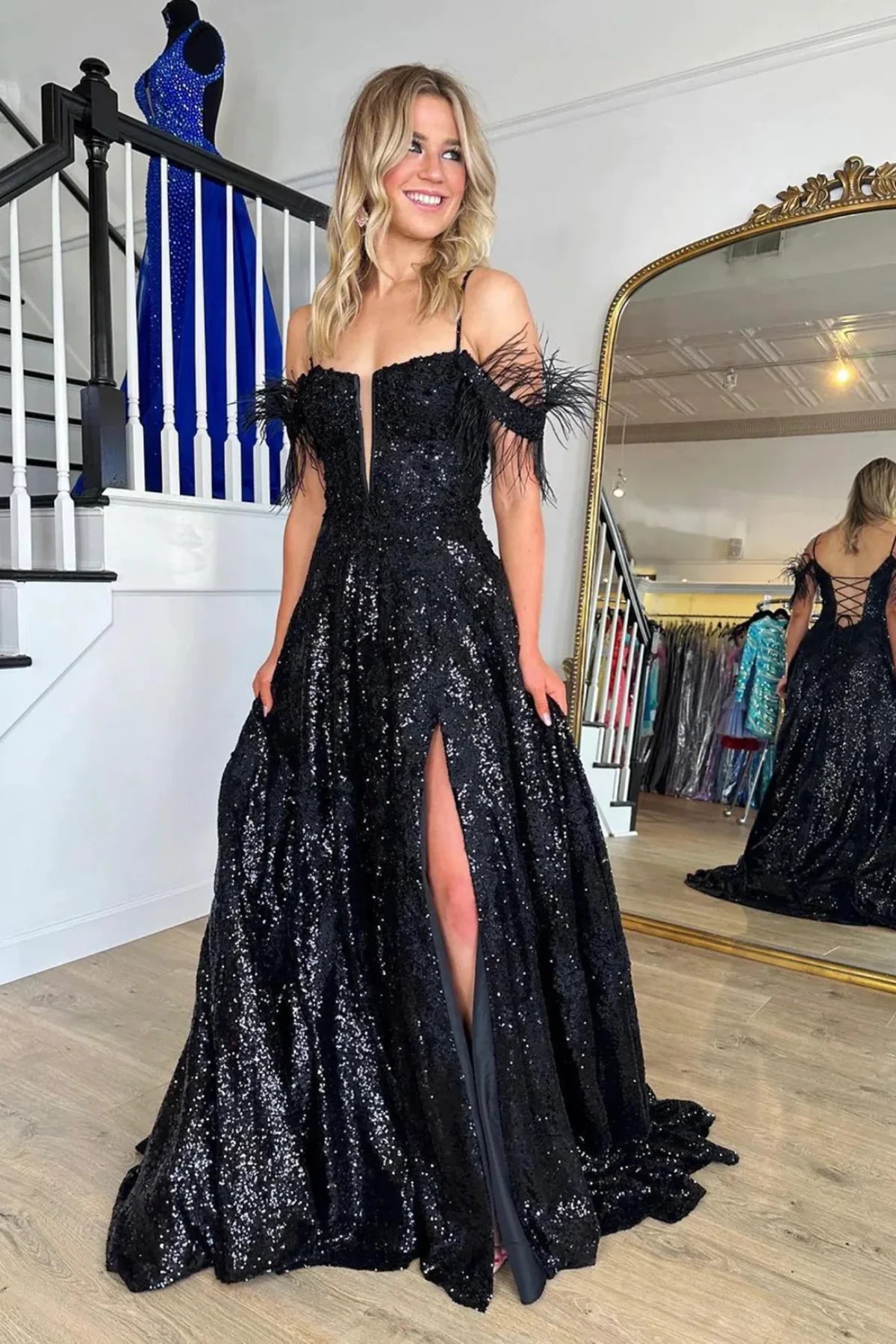 Sparkly Black Off-Shoulder Lace Up Sequins Party Prom Dress