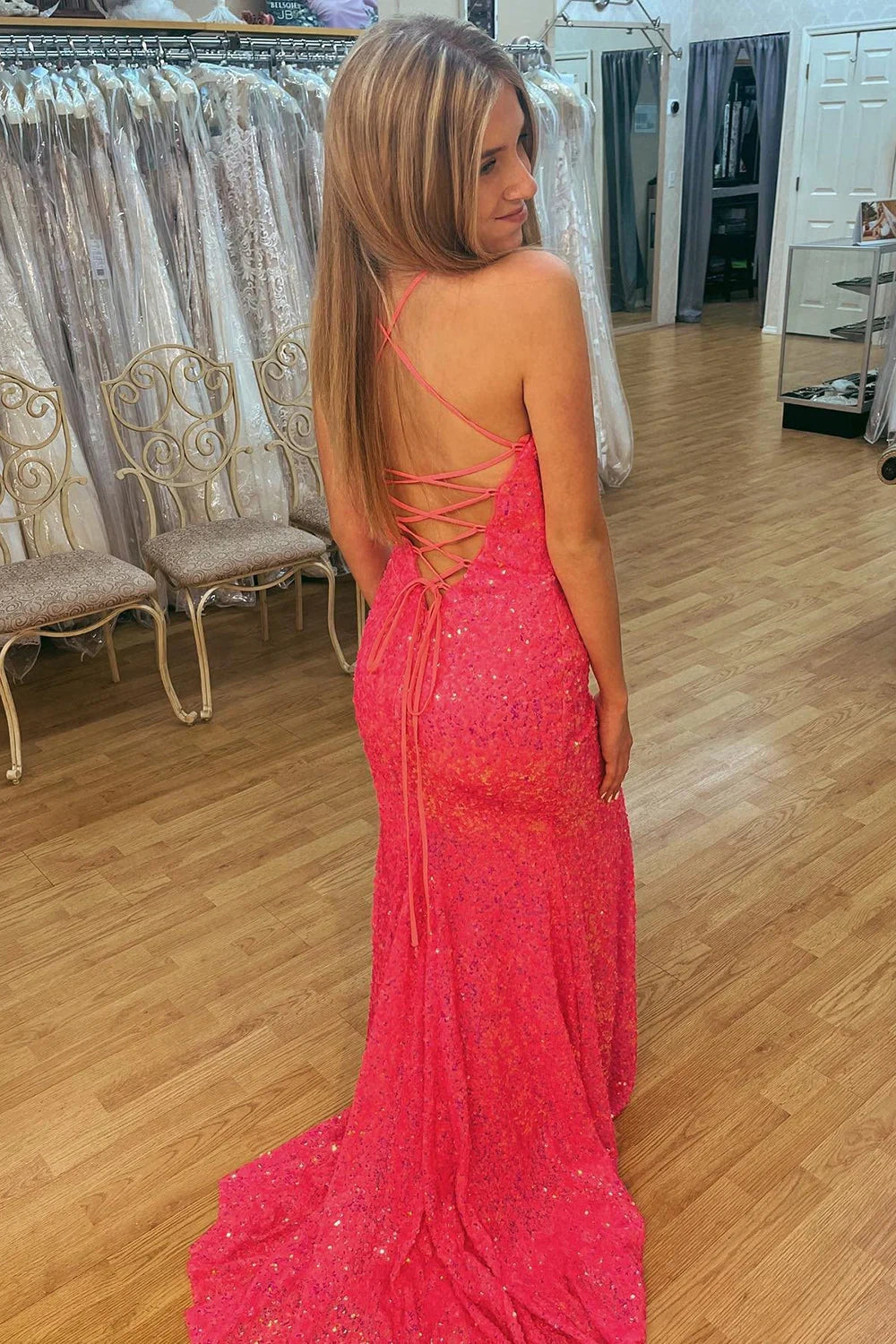 Sparkly Mermaid Bateau Lace Up Sequins Party Prom Dress With Side