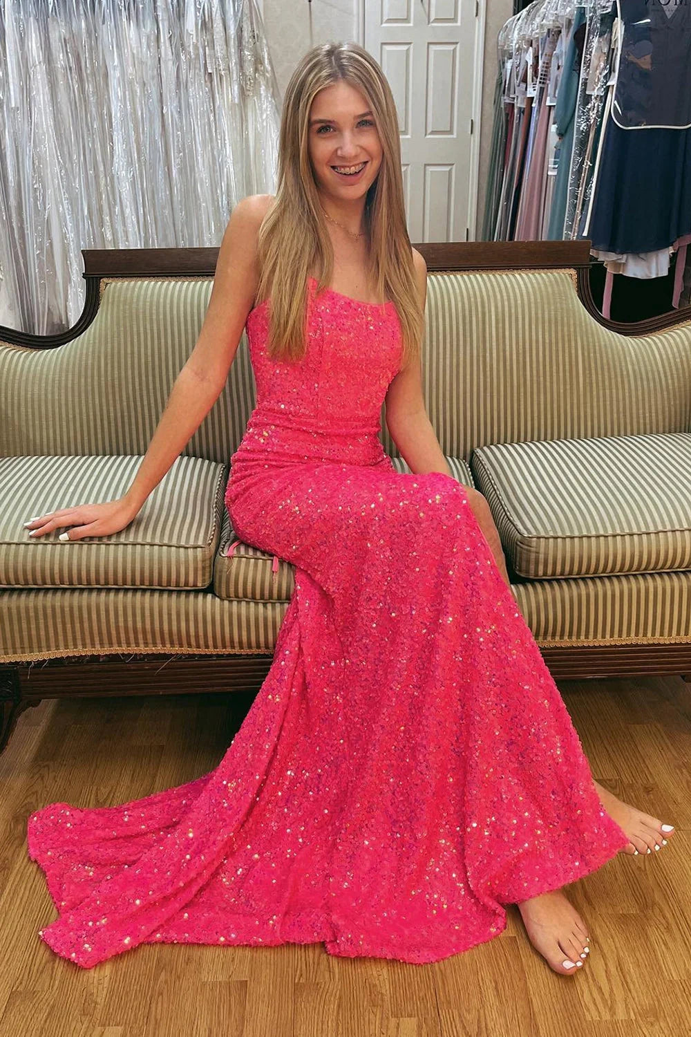 Sparkly Mermaid Bateau Lace Up Sequins Party Prom Dress With Side