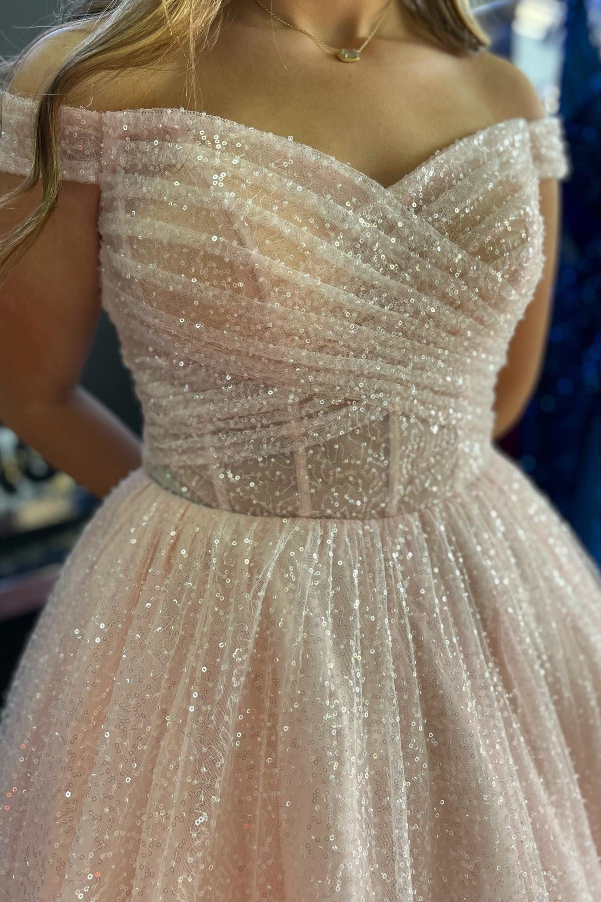 Sparkly Off-Shoulder Tulle A-Line Long Party Prom Dress
