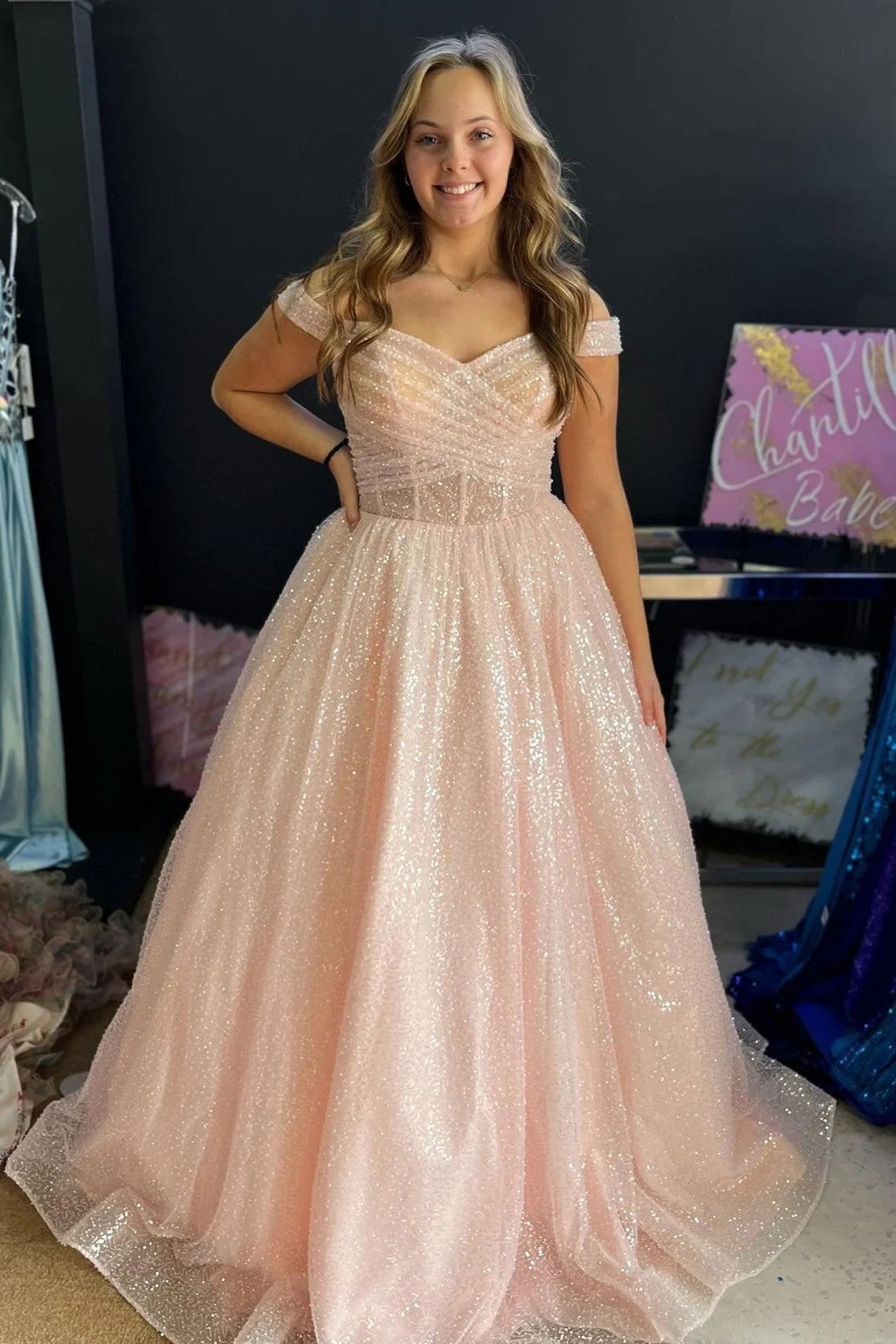 Sparkly Off-Shoulder Tulle A-Line Long Party Prom Dress