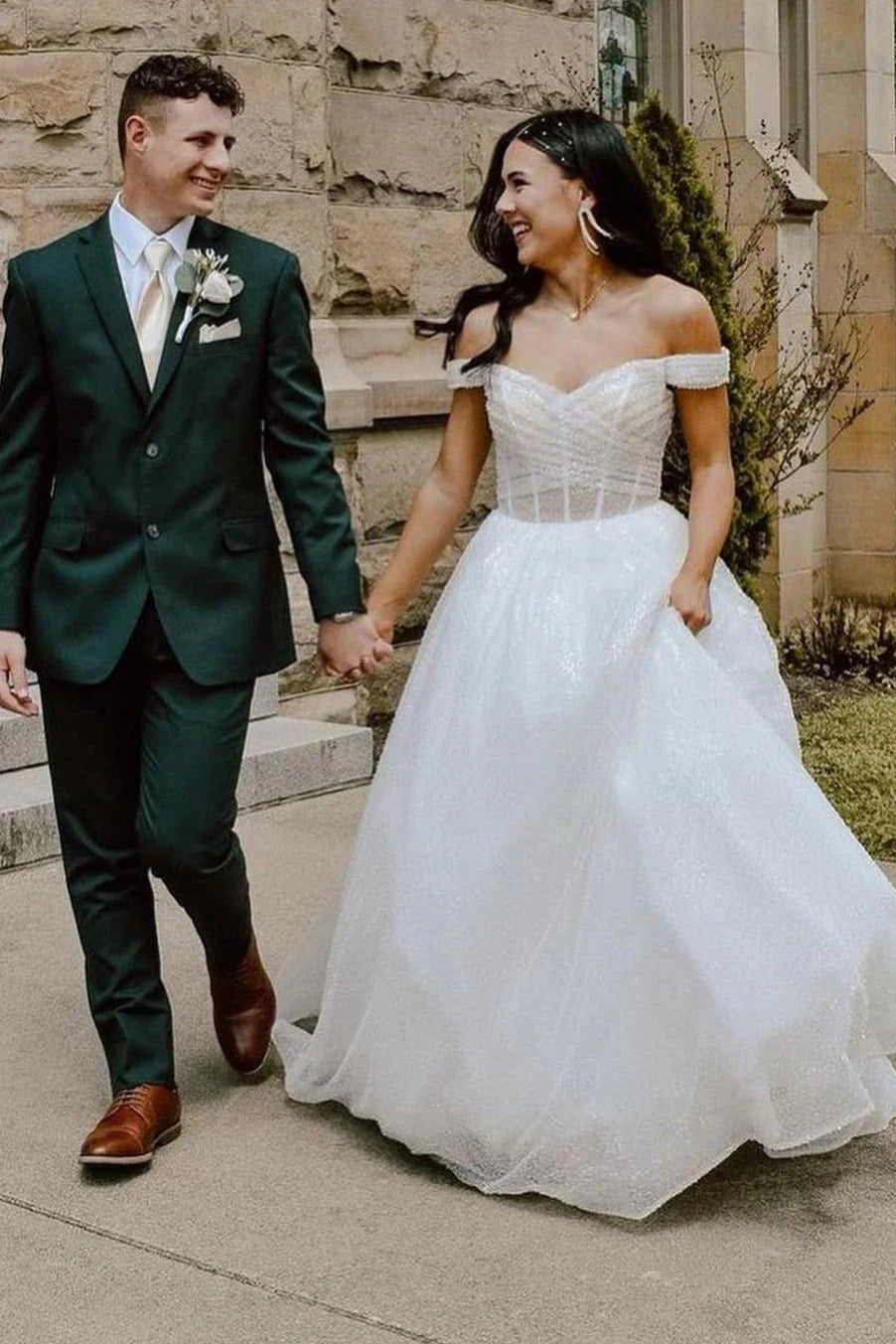 Sparkly Off-Shoulder Tulle A-Line Long Party Prom Dress