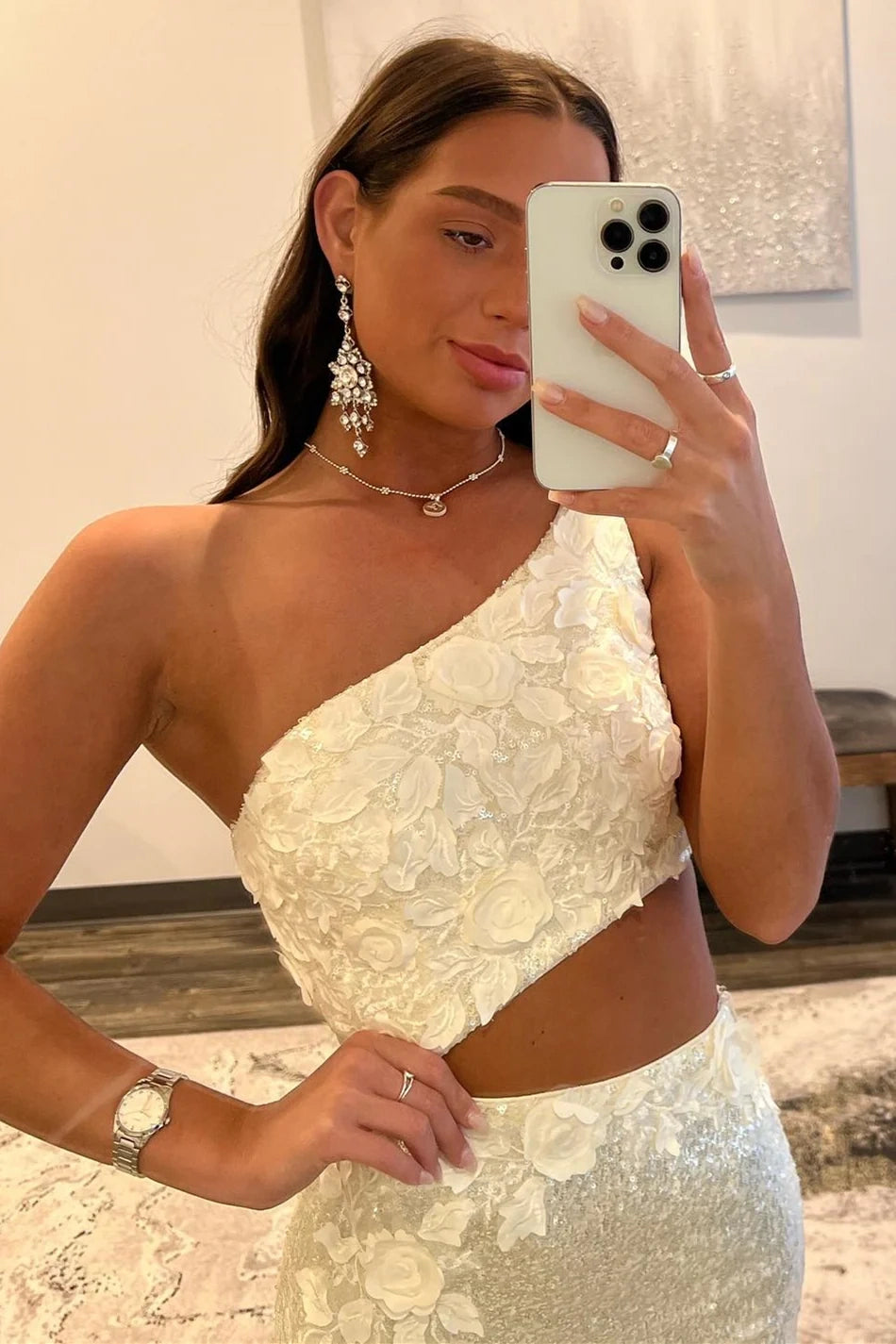 Sparkly One Shoulder Illusion Empire Appliques Party Prom Dress