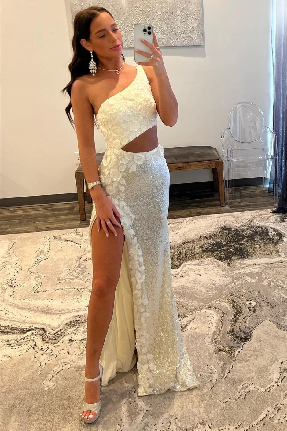 Sparkly One Shoulder Illusion Empire Appliques Party Prom Dress