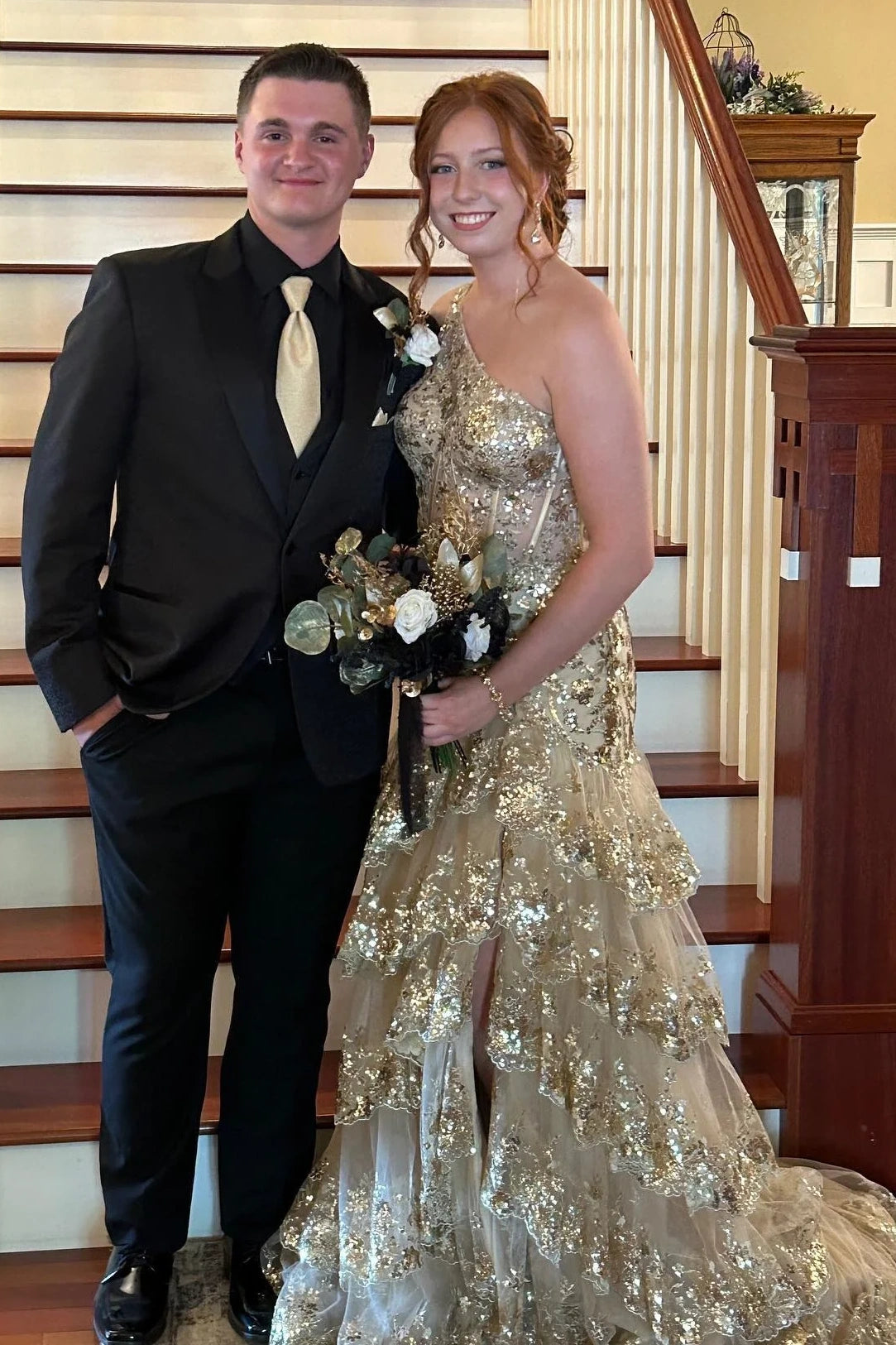 Sparkly One Shoulder Lace Tiered Party Prom Dress