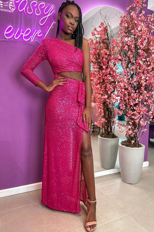 Sparkly One Shoulder Sleeves Two Piece Party Prom Dress