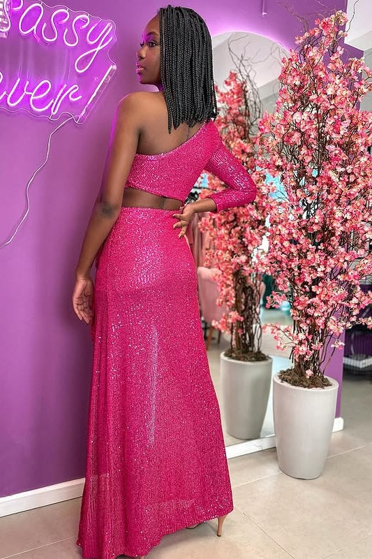 Sparkly One Shoulder Sleeves Two Piece Party Prom Dress