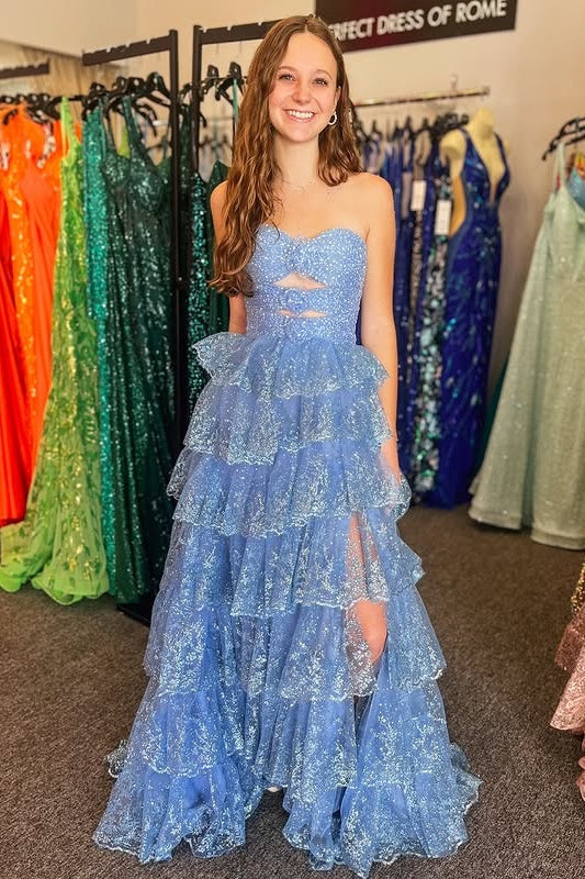 Sparkly Sequins Sweetheart Strapless Tiered Party Prom Dress