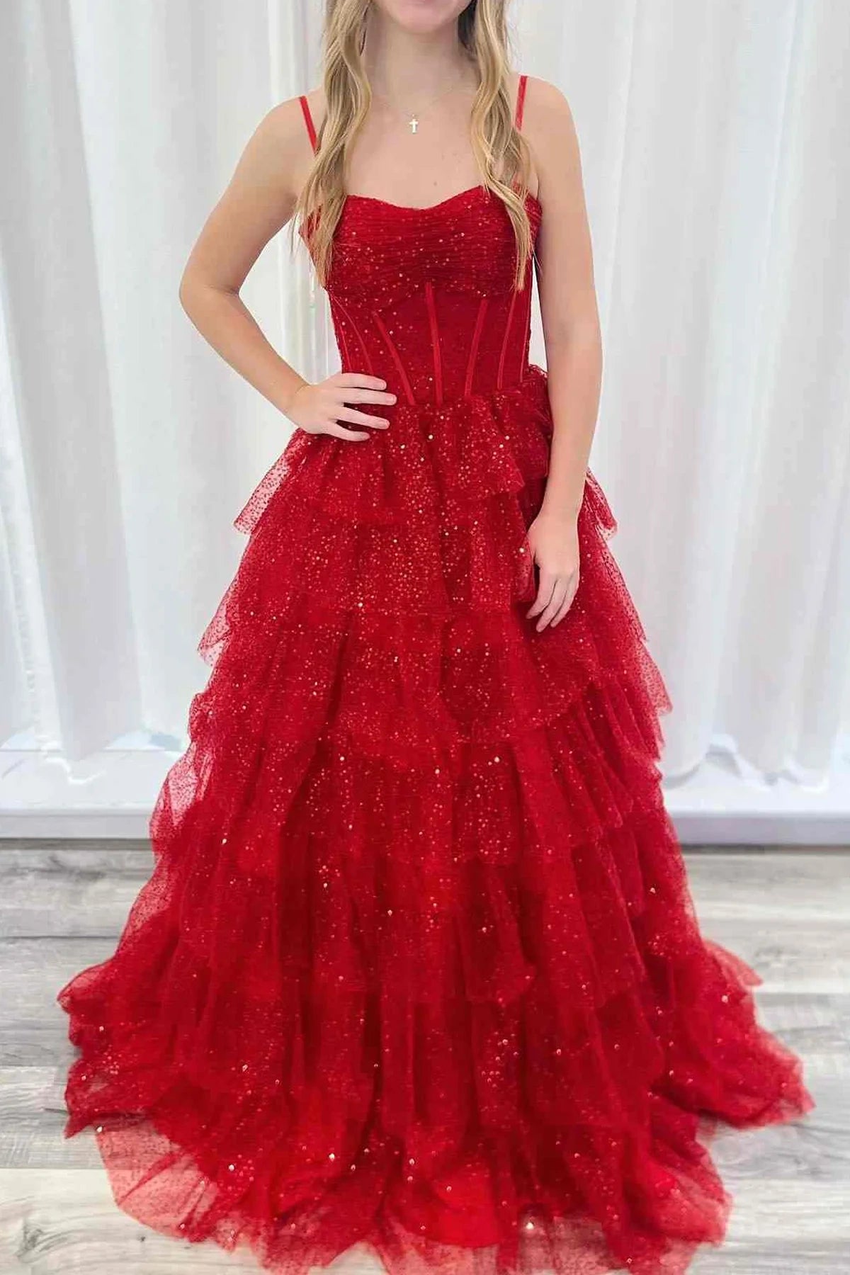 Sparkly Sweetheart Spaghetti Straps Tiered Party Prom Dress