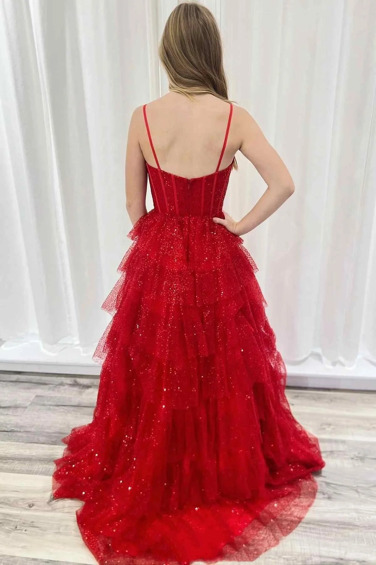 Sparkly Sweetheart Spaghetti Straps Tiered Party Prom Dress