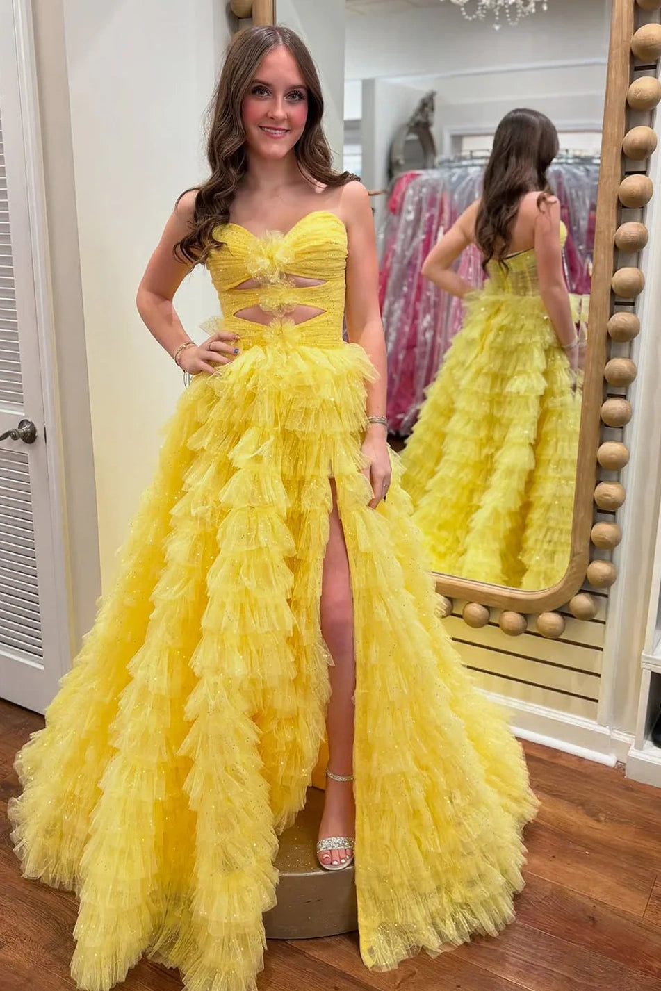 Sparkly Tulle A-Line Empire Tiered Party Prom Dress With Slit