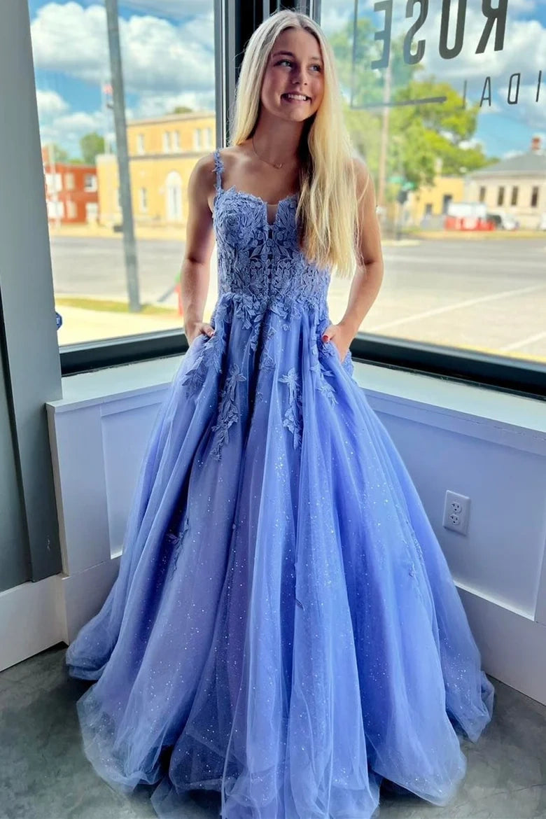 Sparkly Tulle A-Line Sleeveless Appliques Formal Party Prom Dress