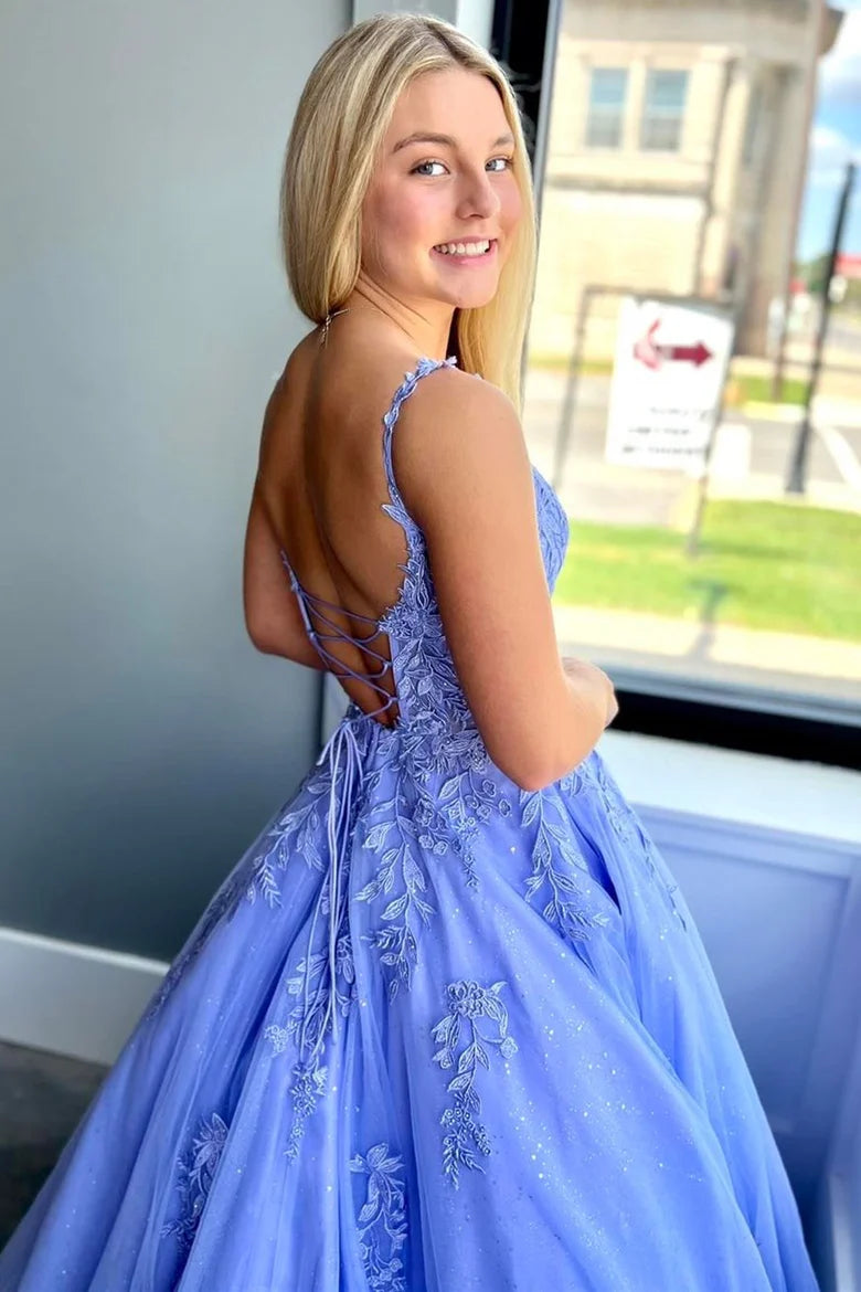 Sparkly Tulle A-Line Sleeveless Appliques Formal Party Prom Dress