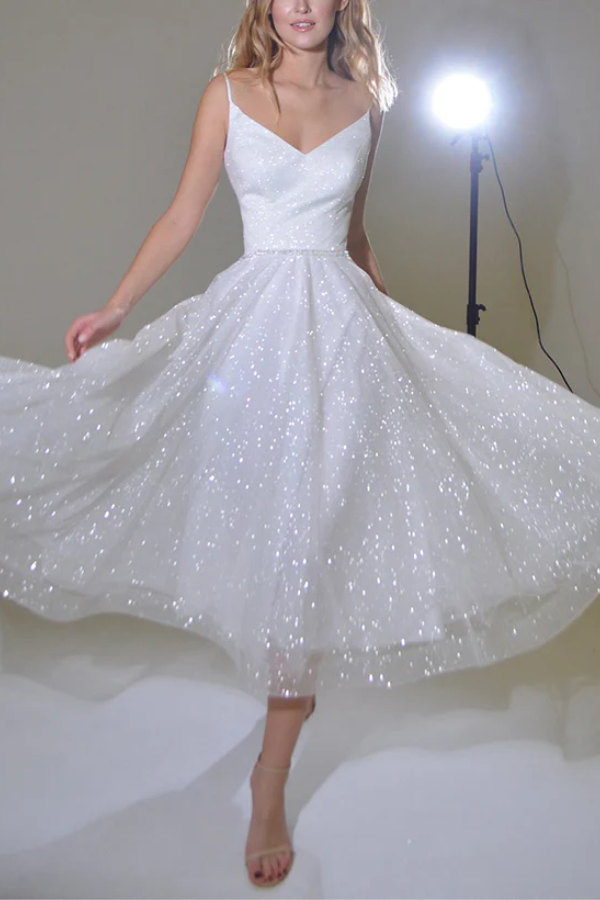 Sparkly Tulle A-Line V-Neck Spaghetti Straps Summer Wedding Dress