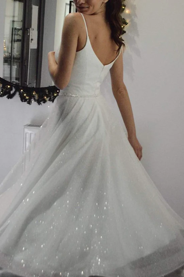 Sparkly Tulle A-Line V-Neck Spaghetti Straps Summer Wedding Dress
