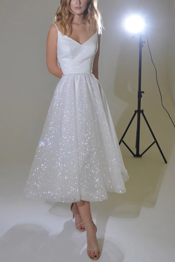 Sparkly Tulle A-Line V-Neck Spaghetti Straps Summer Wedding Dress