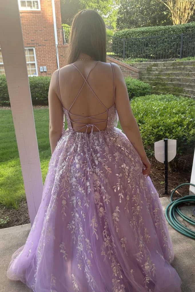 Sparkly V-Neck Lace Up Appliques Party Prom Dress