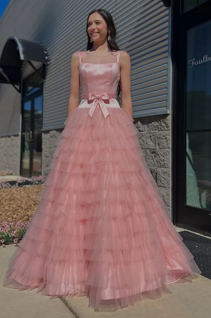 Sqaure Sleeveless Empire Tulle A-Line Tiered Party Prom Dress