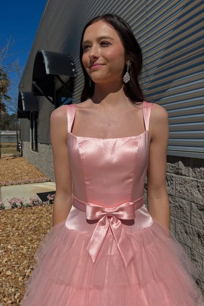 Sqaure Sleeveless Empire Tulle A-Line Tiered Party Prom Dress