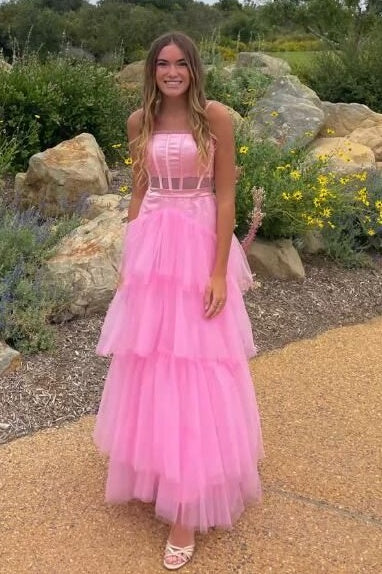 Square Sleeveless A-Line Tiered Tulle Party Prom Dress