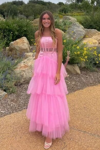Square Sleeveless A-Line Tiered Tulle Party Prom Dress