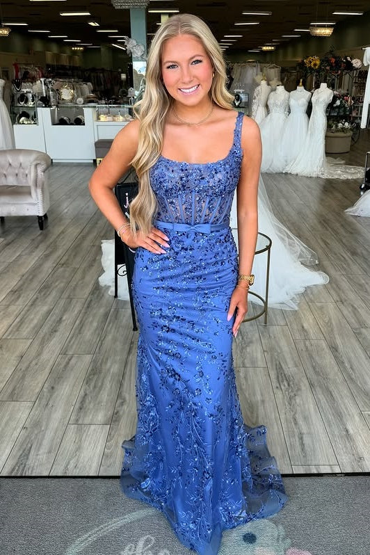 Square Sleeveless Backless Mermaid Lace Appliques Party Prom Dress