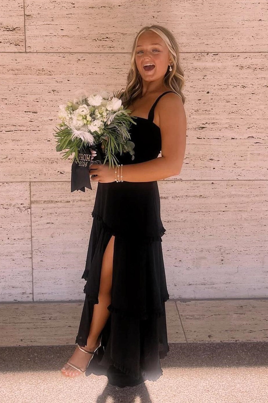 Square Sleeveless Satin A-Line Tiered Party Prom Dress With Slit