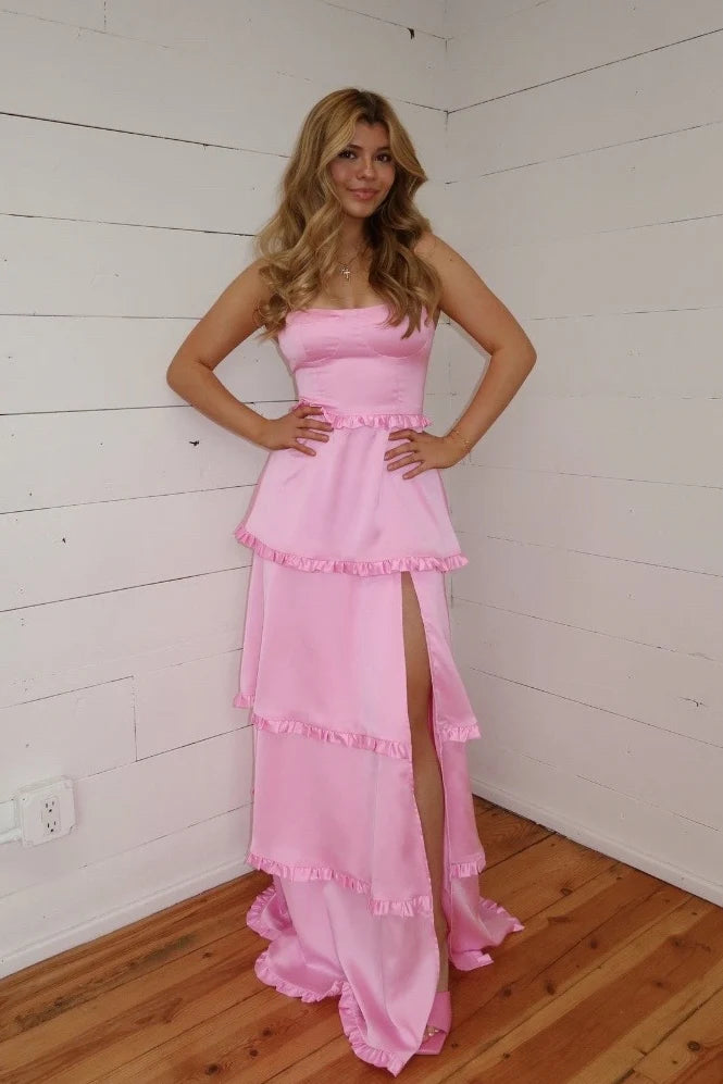 Square Sleeveless Satin A-Line Tiered Party Prom Dress With Slit