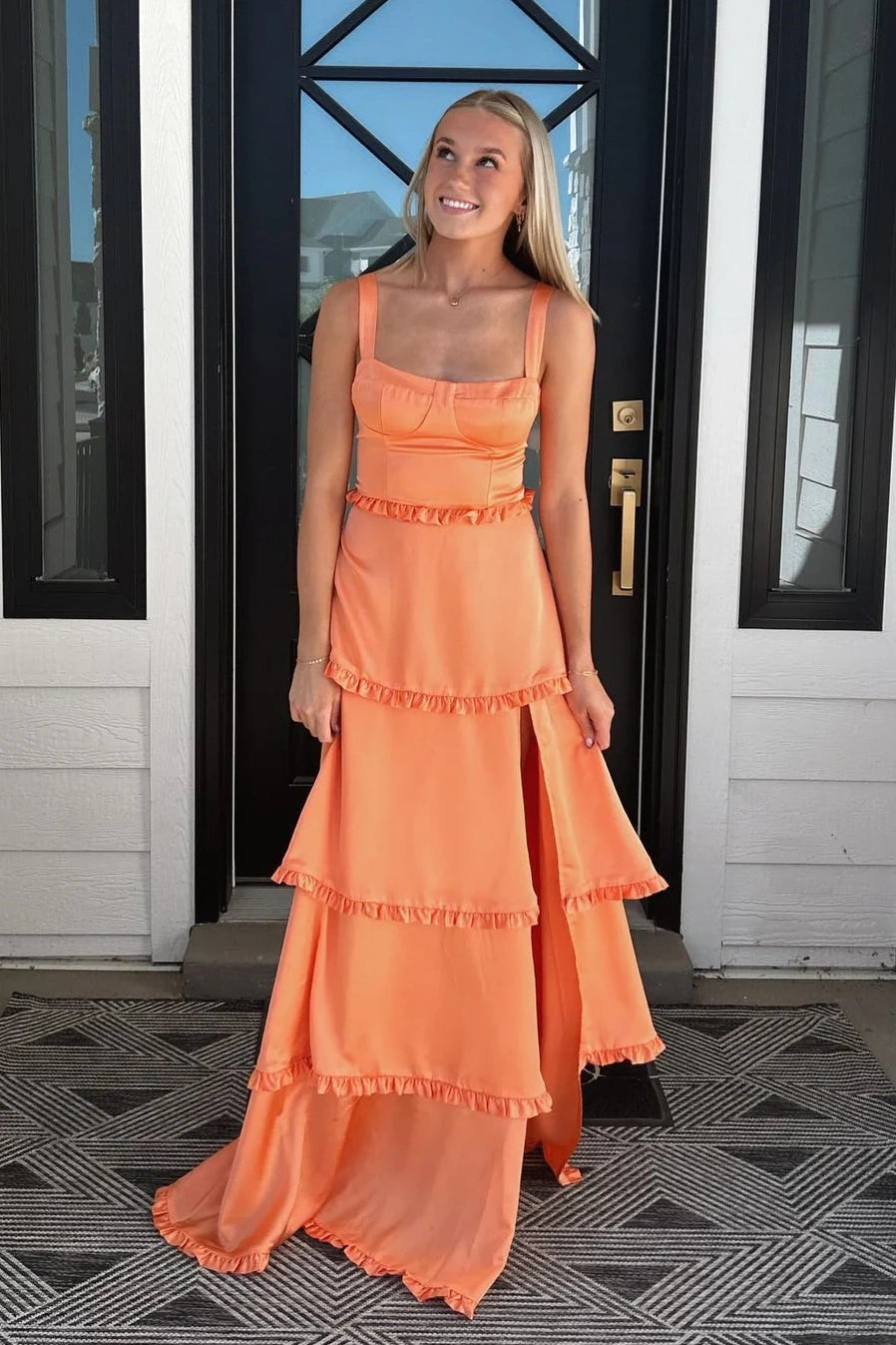 Square Sleeveless Satin A-Line Tiered Party Prom Dress With Slit