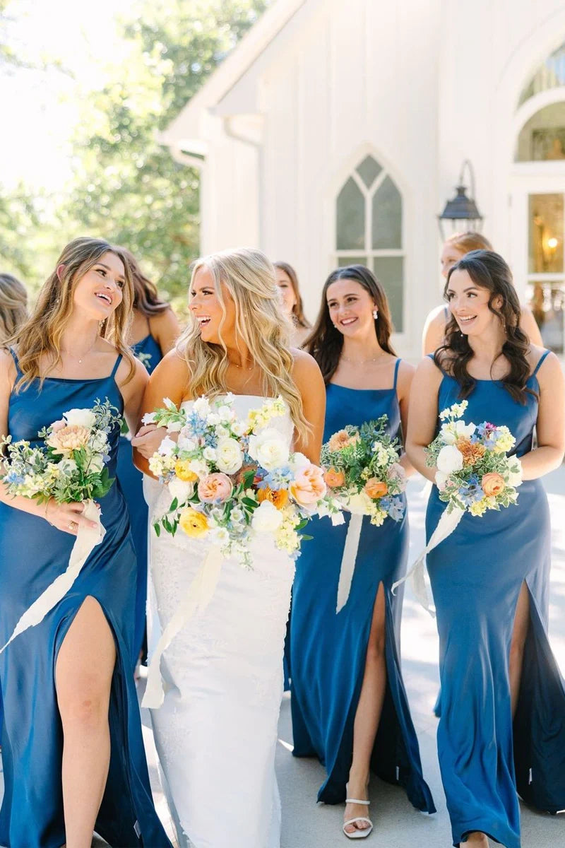 Square Spaghetti Straps Long Bridesmaid Dress With Bow