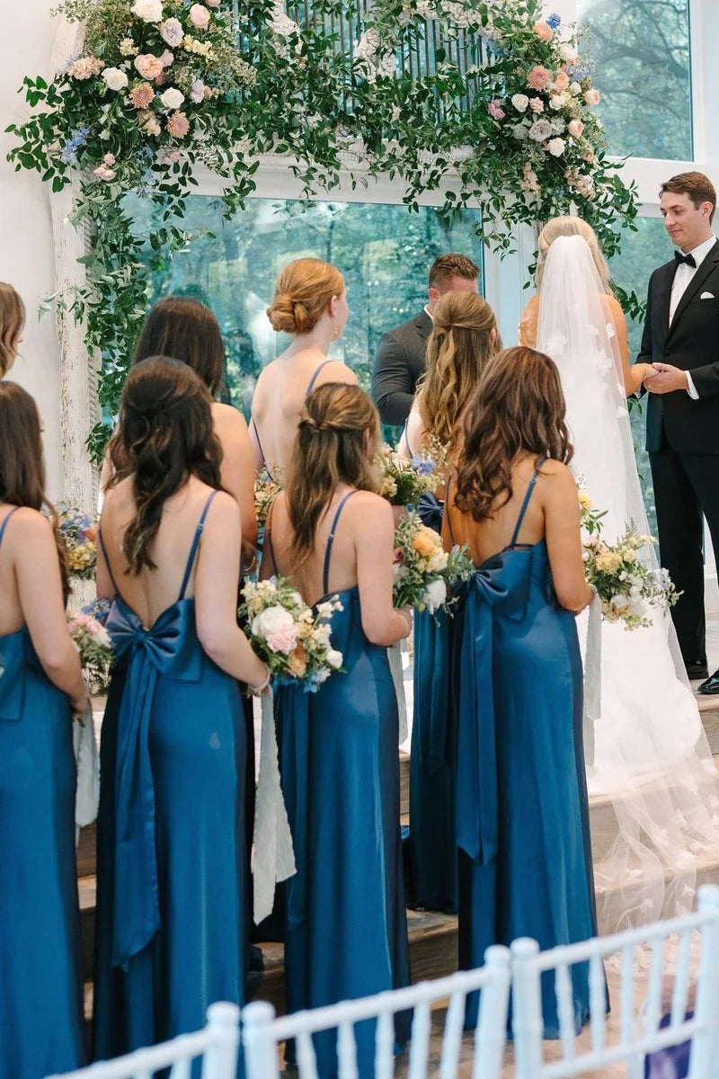 Square Spaghetti Straps Long Bridesmaid Dress With Bow