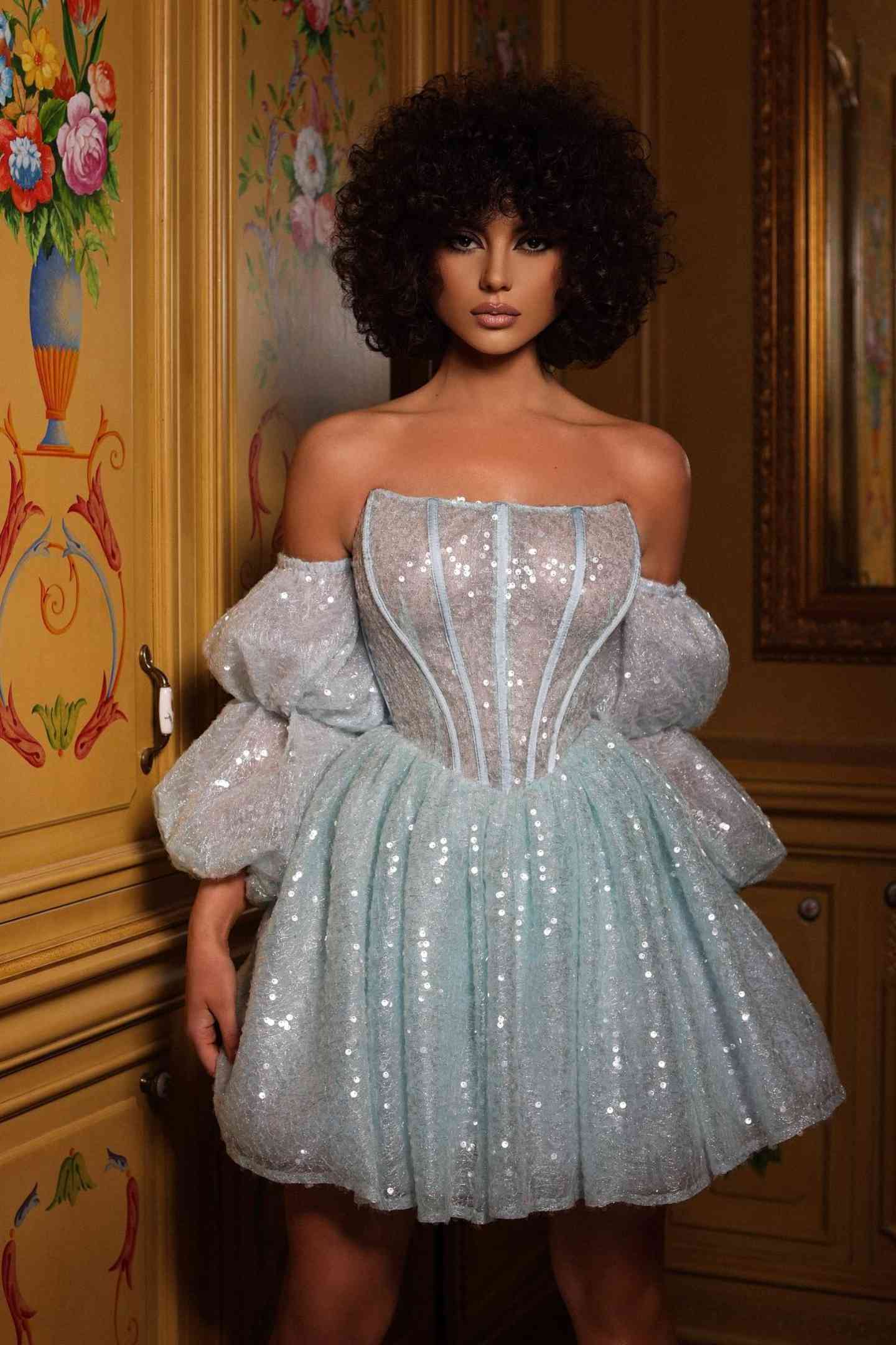 Square Strapless Long Sleeves Sequins Glitter Homecoming Dress