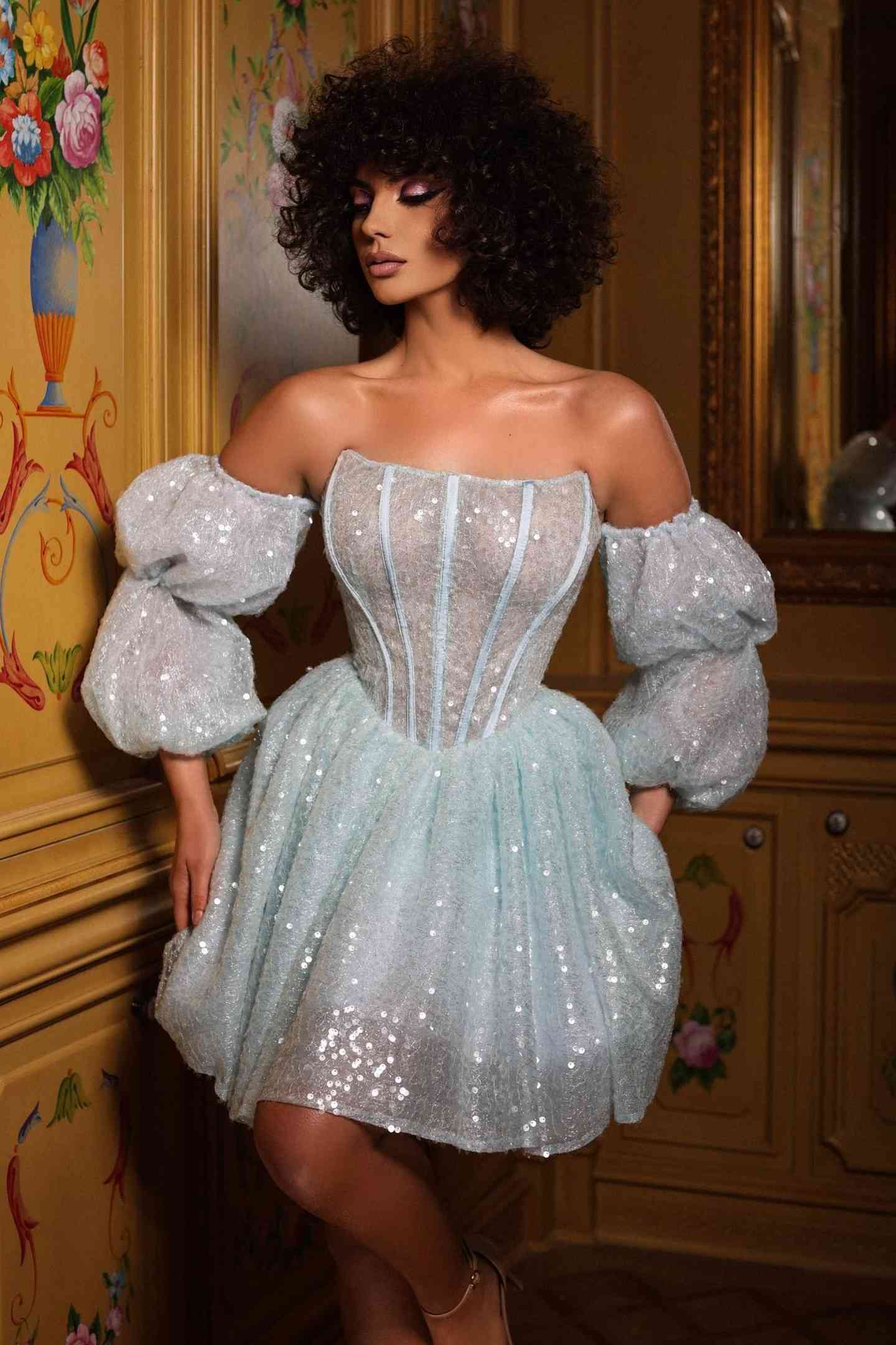 Square Strapless Long Sleeves Sequins Glitter Homecoming Dress