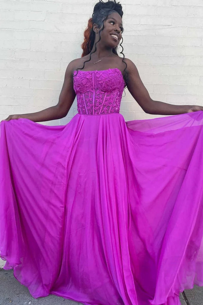 Strapless Chiffon A-Line Empire Lace Appliques Party Prom Dress
