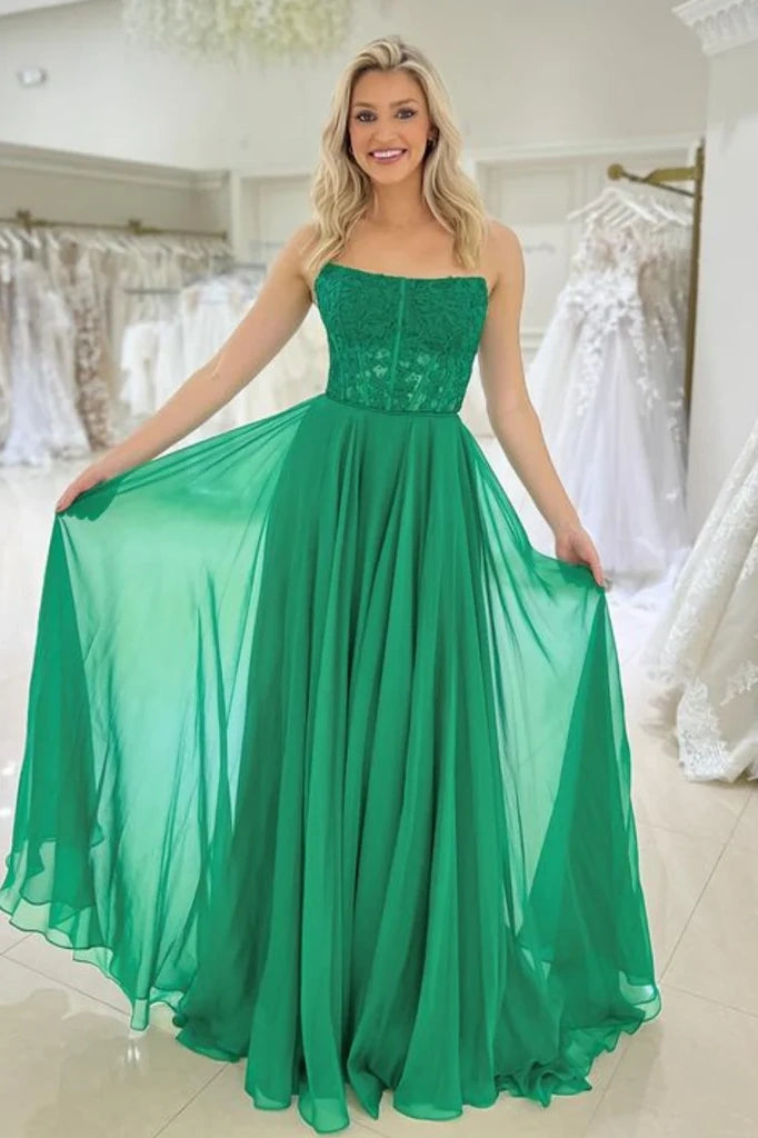 Strapless Chiffon A-Line Empire Lace Appliques Party Prom Dress