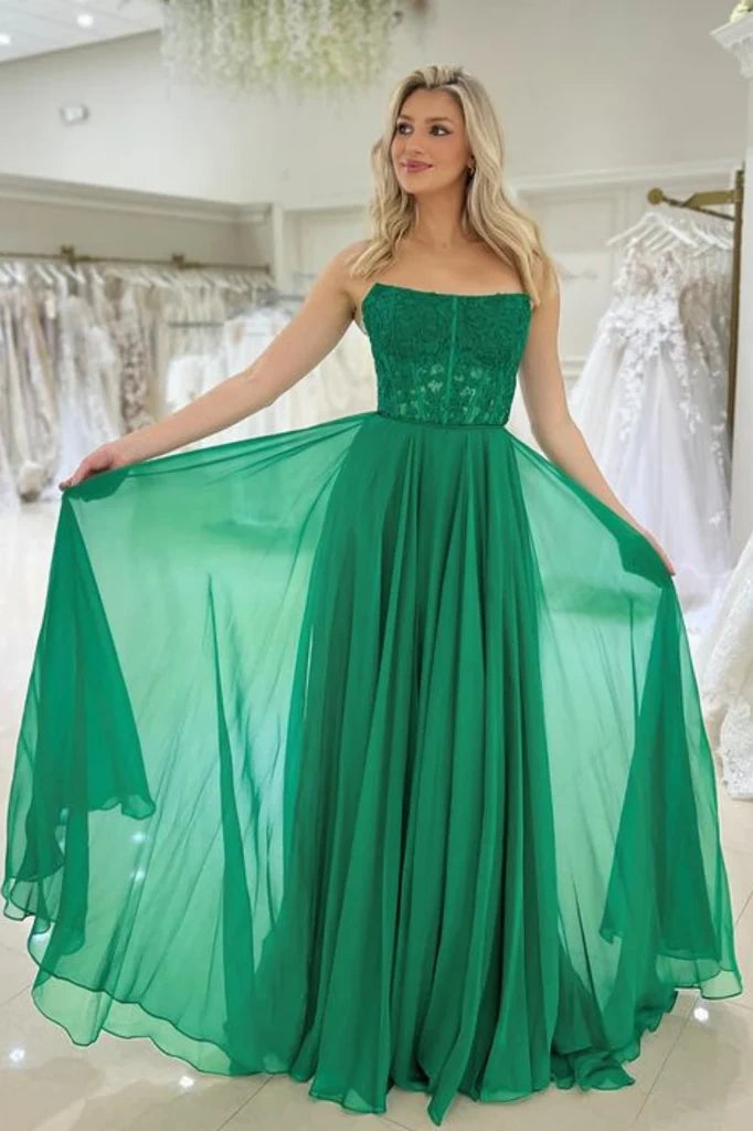 Strapless Chiffon A-Line Empire Lace Appliques Party Prom Dress
