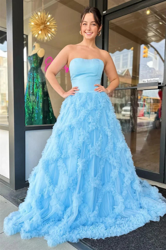 Strapless Empire A-Line Two Tone Tulle Party Prom Dress
