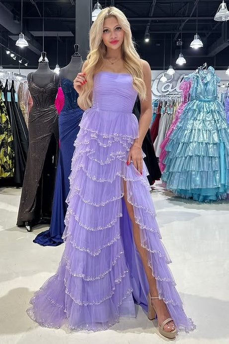 Strapless Empire Tulle A-Line Tiered Party Prom Dress With Slit