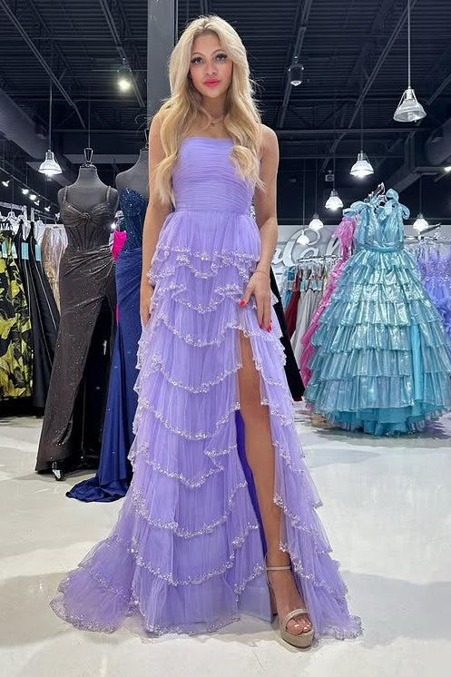 Strapless Empire Tulle A-Line Tiered Party Prom Dress With Slit