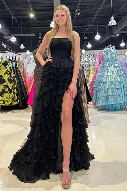 Strapless Empire Tulle A-Line Tiered Party Prom Dress With Slit