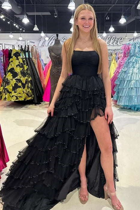 Strapless Empire Tulle A-Line Tiered Party Prom Dress With Slit