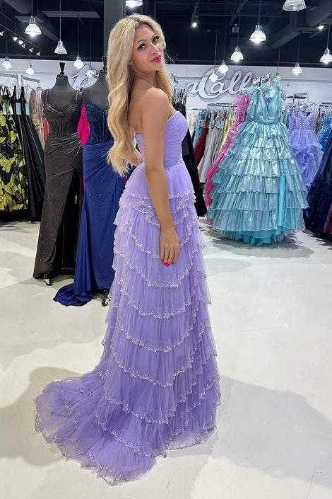 Strapless Empire Tulle A-Line Tiered Party Prom Dress With Slit