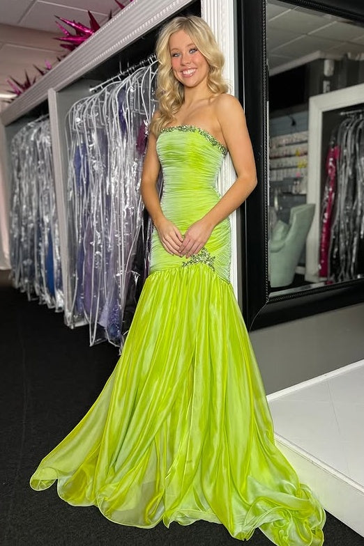Strapless Sleeveless Beaded Ruched Mermaid Chiffon Party Prom Dress