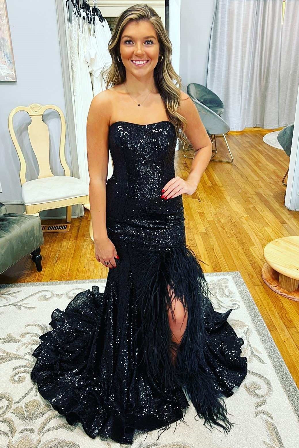 Strapless Sleeveless Mermaid Sequins Feathers Party Prom Dress