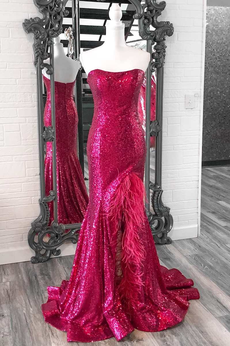 Strapless Sleeveless Mermaid Sequins Feathers Party Prom Dress