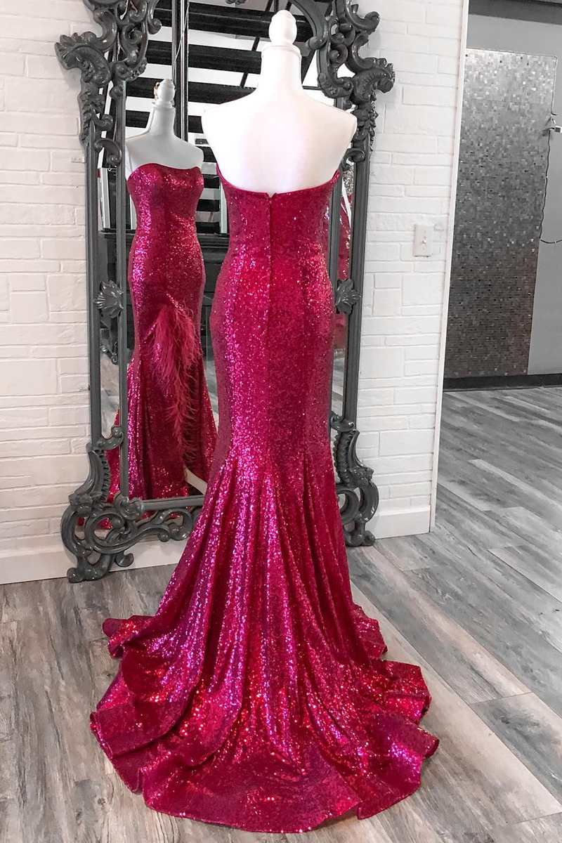 Strapless Sleeveless Mermaid Sequins Feathers Party Prom Dress