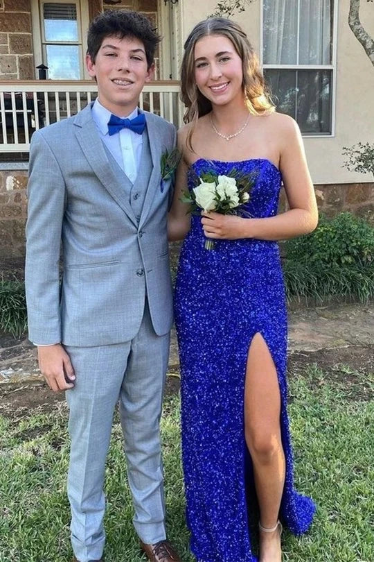 Strapless Sleeveless Mermaid Sequins Formal Party Prom Dress With Slit